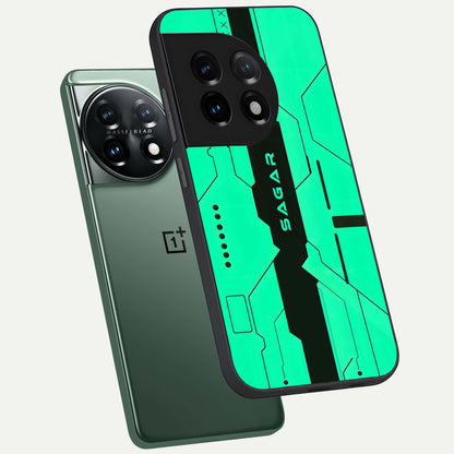  Aqua Tech CYBERPUNK Custom Name phone case For OnePlus 11 showing premium glass back cover with detailed artwork
