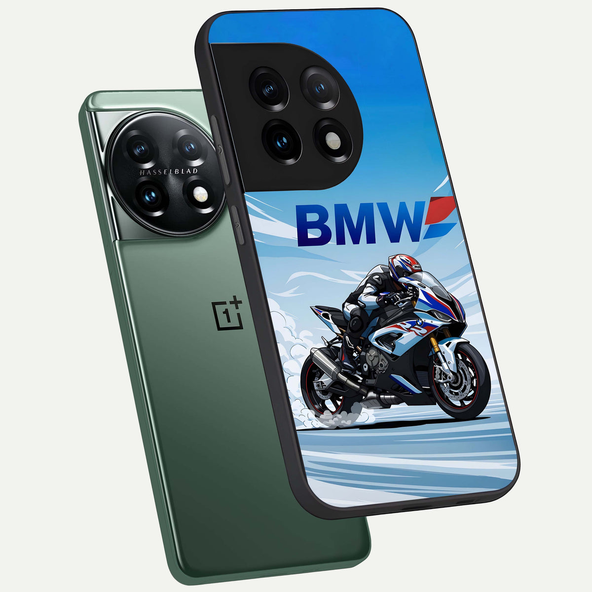  BMW Power Drift phone case For OnePlus 11 showing premium glass back cover with detailed artwork