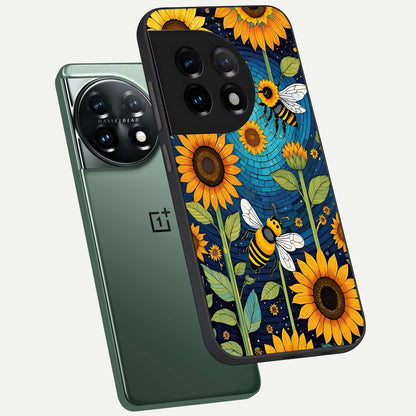  Bees And Sunflowers phone case For OnePlus 11 showing premium glass back cover with detailed artwork