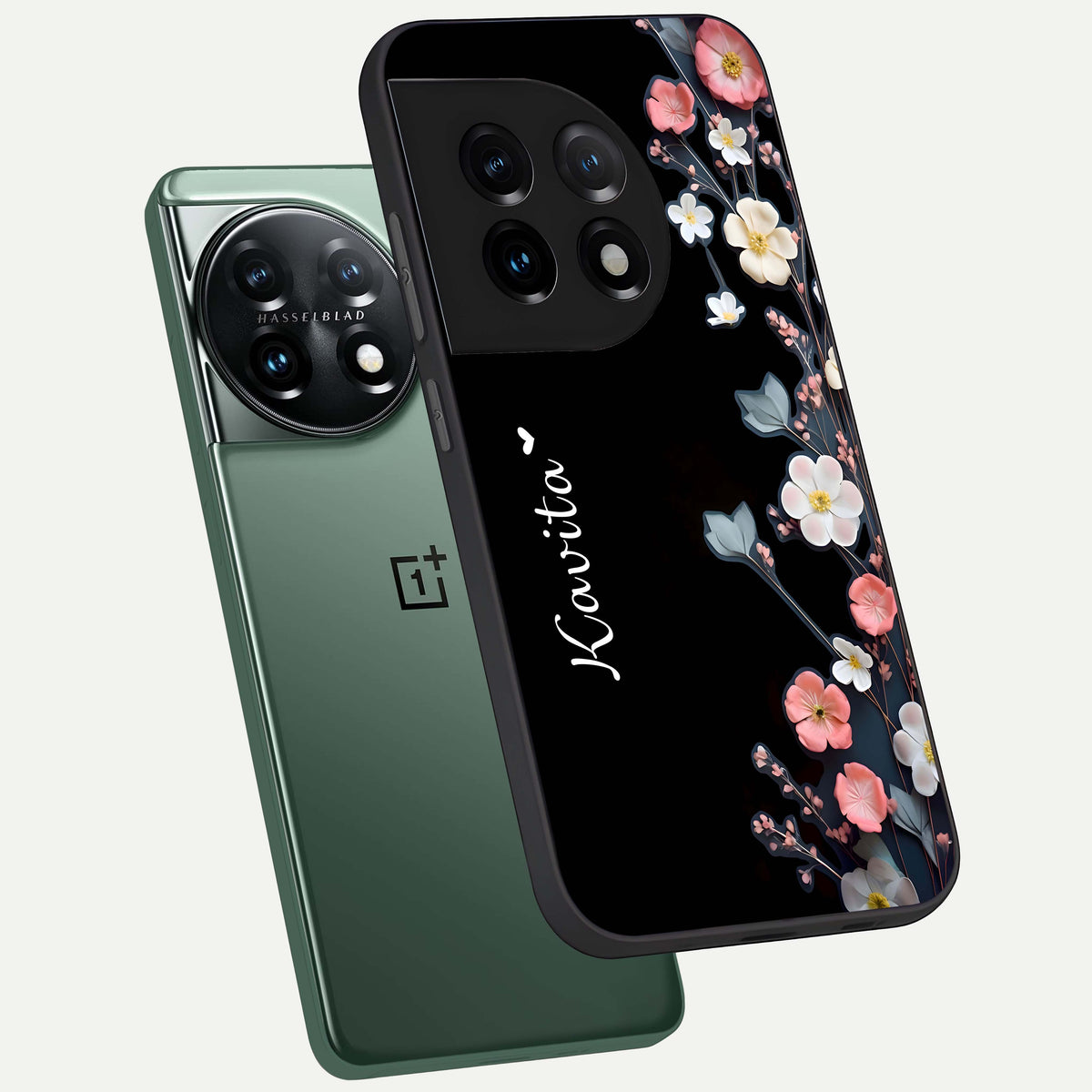  Black Elegance Floral Custom Name phone case For OnePlus 11 showing premium glass back cover with detailed artwork
