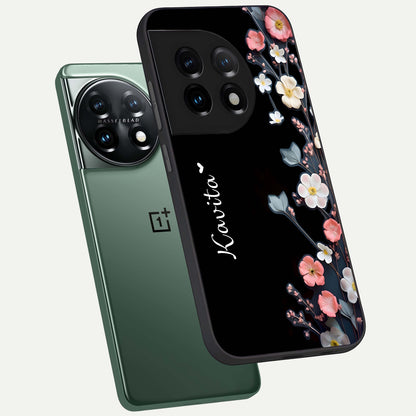  Black Elegance Floral Custom Name phone case For OnePlus 11 showing premium glass back cover with detailed artwork
