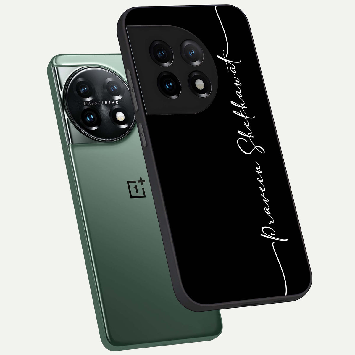  Black Tune Custom Name phone case For OnePlus 11 showing premium glass back cover with detailed artwork