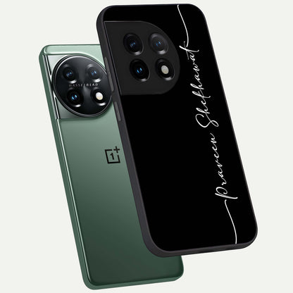  Black Tune Custom Name phone case For OnePlus 11 showing premium glass back cover with detailed artwork