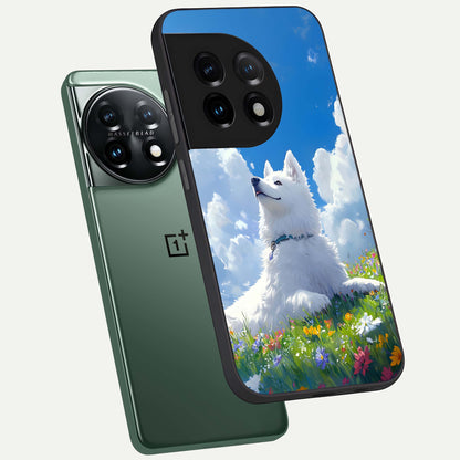  Blissful Cloud Pup phone case For OnePlus 11 showing premium glass back cover with detailed artwork