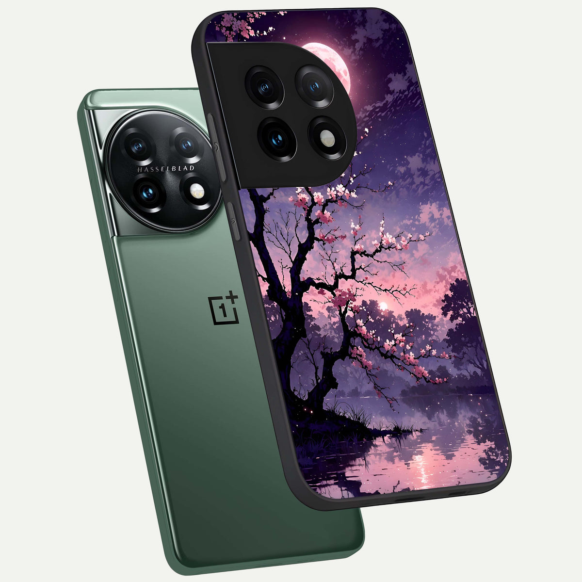  Blossom Pink Moon phone case For OnePlus 11 showing premium glass back cover with detailed artwork