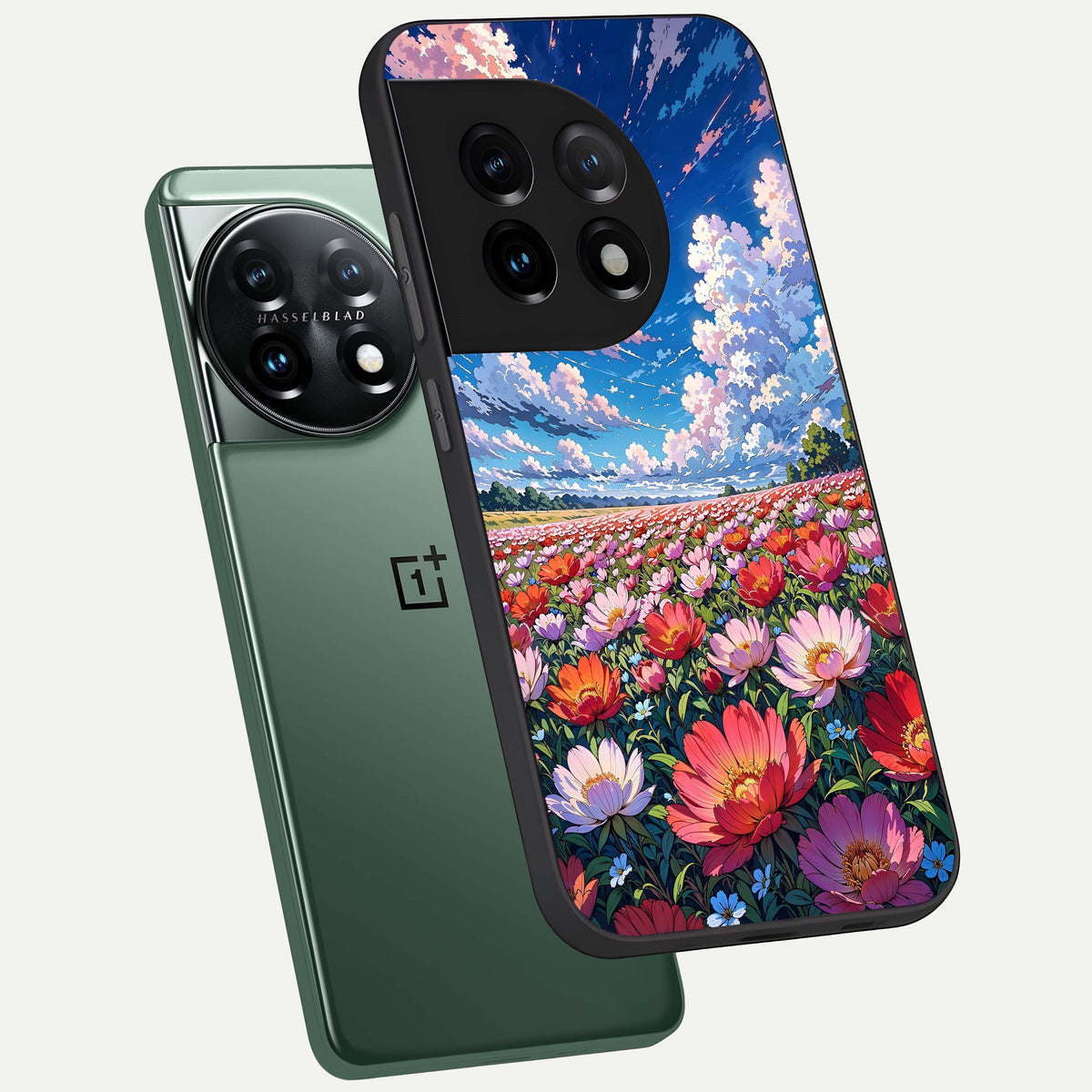  Blossom Sky Field phone case For OnePlus 11 showing premium glass back cover with detailed artwork