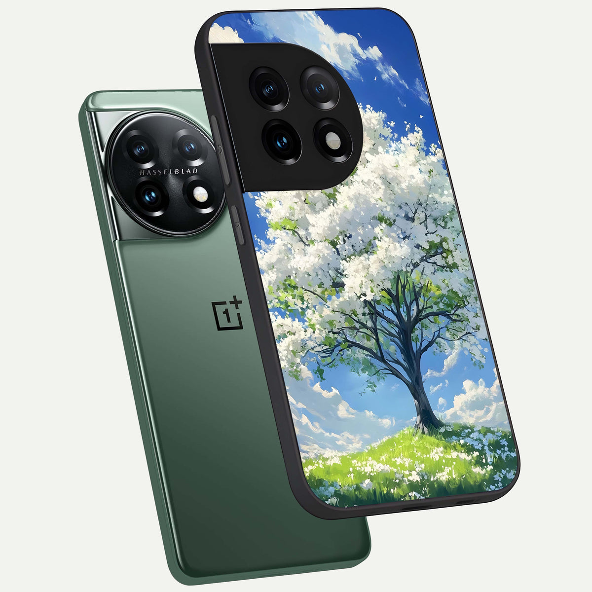  Blossom Sky Serenity phone case For OnePlus 11 showing premium glass back cover with detailed artwork