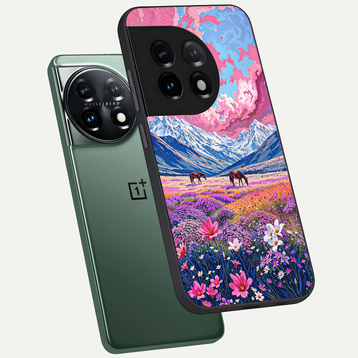  Blossom Valley Dream phone case For OnePlus 11 showing premium glass back cover with detailed artwork