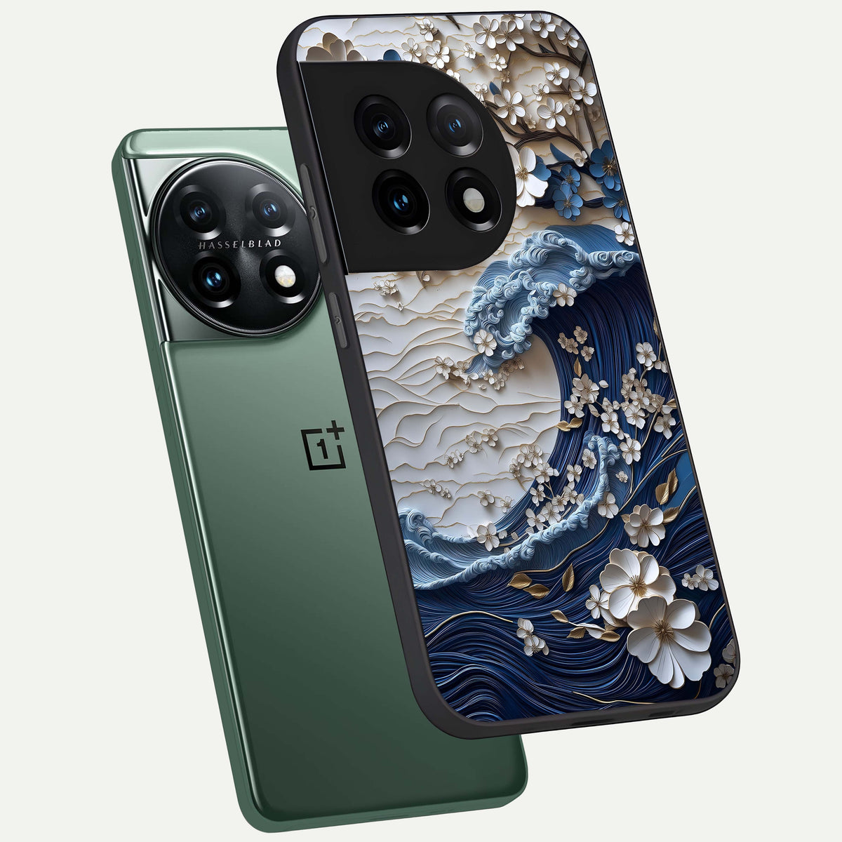  Blossom Wave Art phone case For OnePlus 11 showing premium glass back cover with detailed artwork