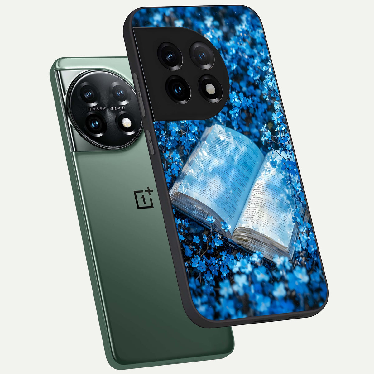  Blue Bloom Tales phone case For OnePlus 11 showing premium glass back cover with detailed artwork