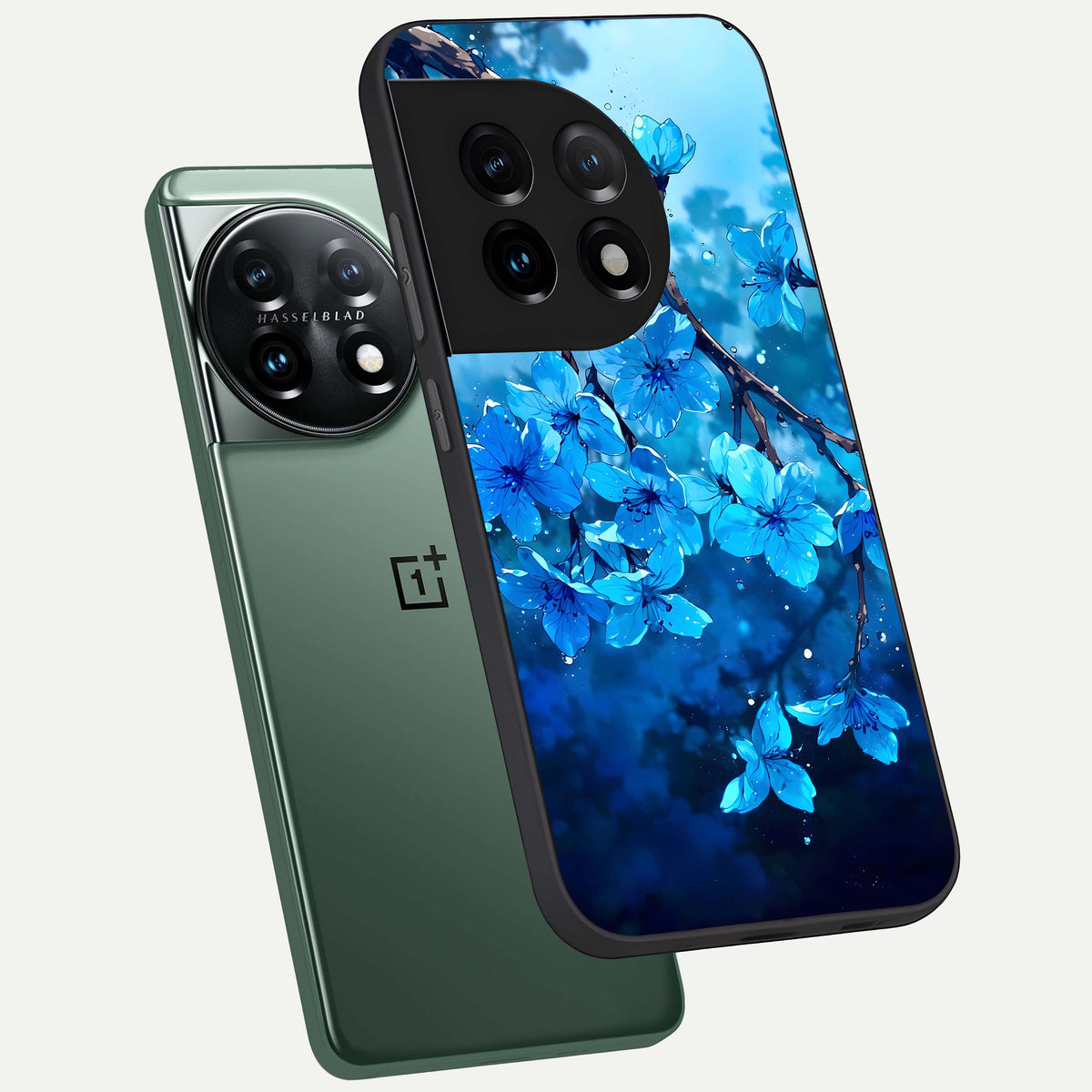  Blue Blossoms Branch phone case For OnePlus 11 showing premium glass back cover with detailed artwork