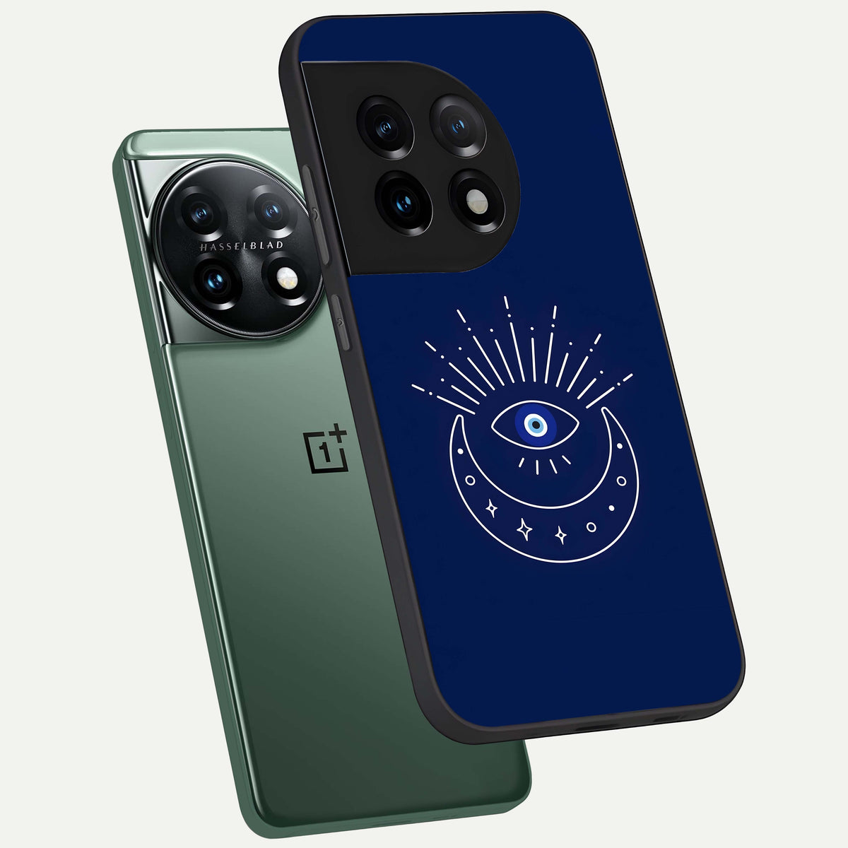  Blue Evil Eye phone case For OnePlus 11 showing premium glass back cover with detailed artwork