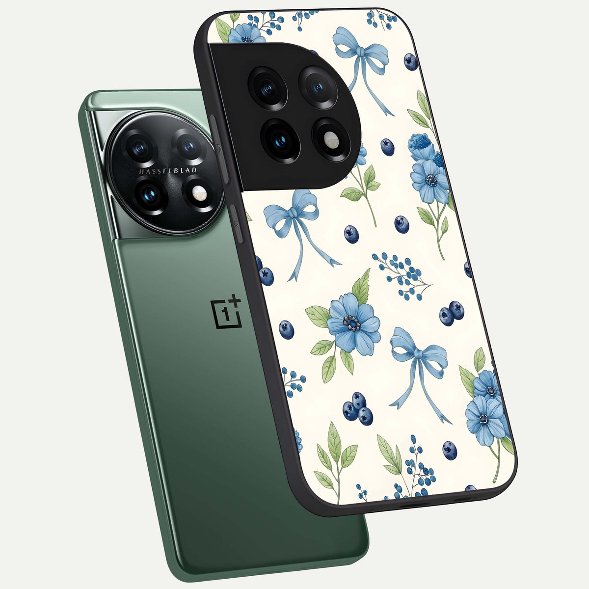  Blue Flower And Bow phone case For OnePlus 11 showing premium glass back cover with detailed artwork