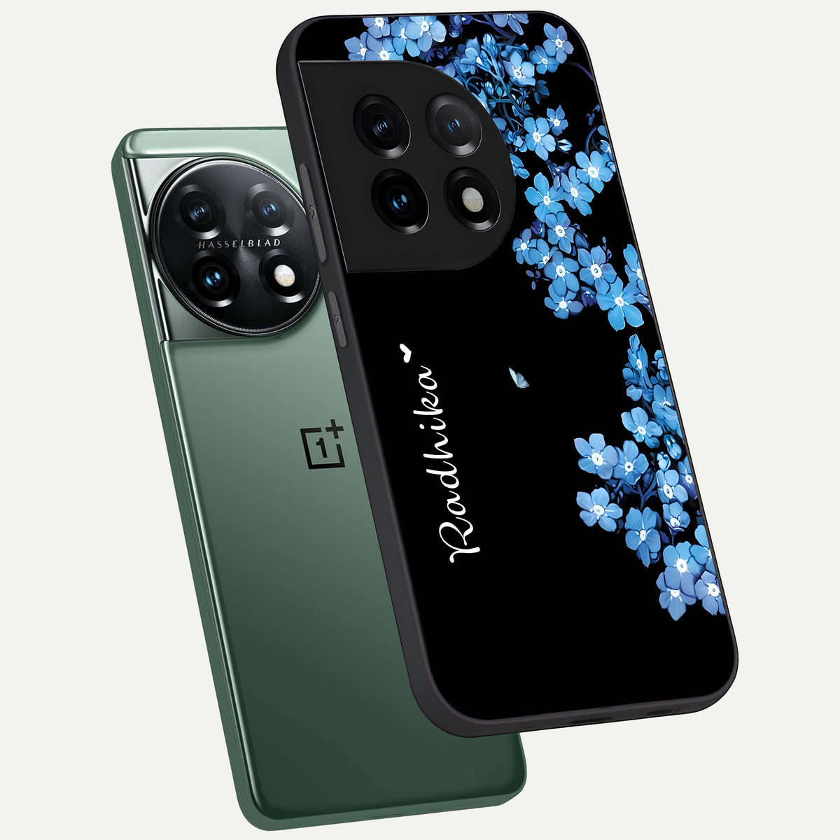  Blue Petal Dream Custom Name phone case For OnePlus 11 showing premium glass back cover with detailed artwork