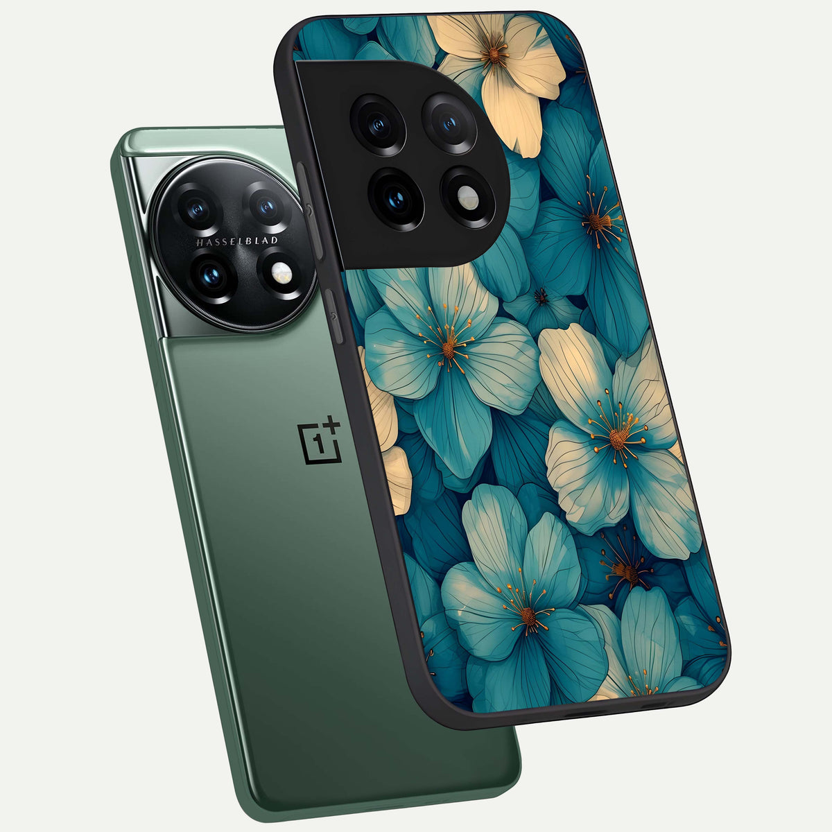  Blue Shade Floral phone case For OnePlus 11 showing premium glass back cover with detailed artwork