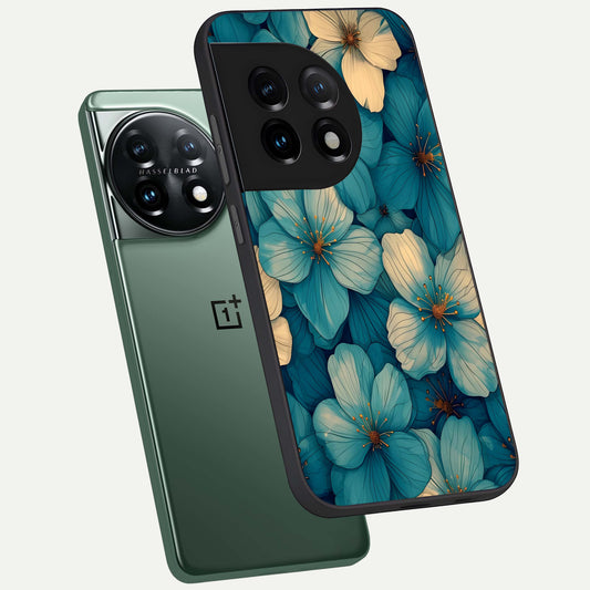  Blue Shade Floral phone case For OnePlus 11 showing premium glass back cover with detailed artwork
