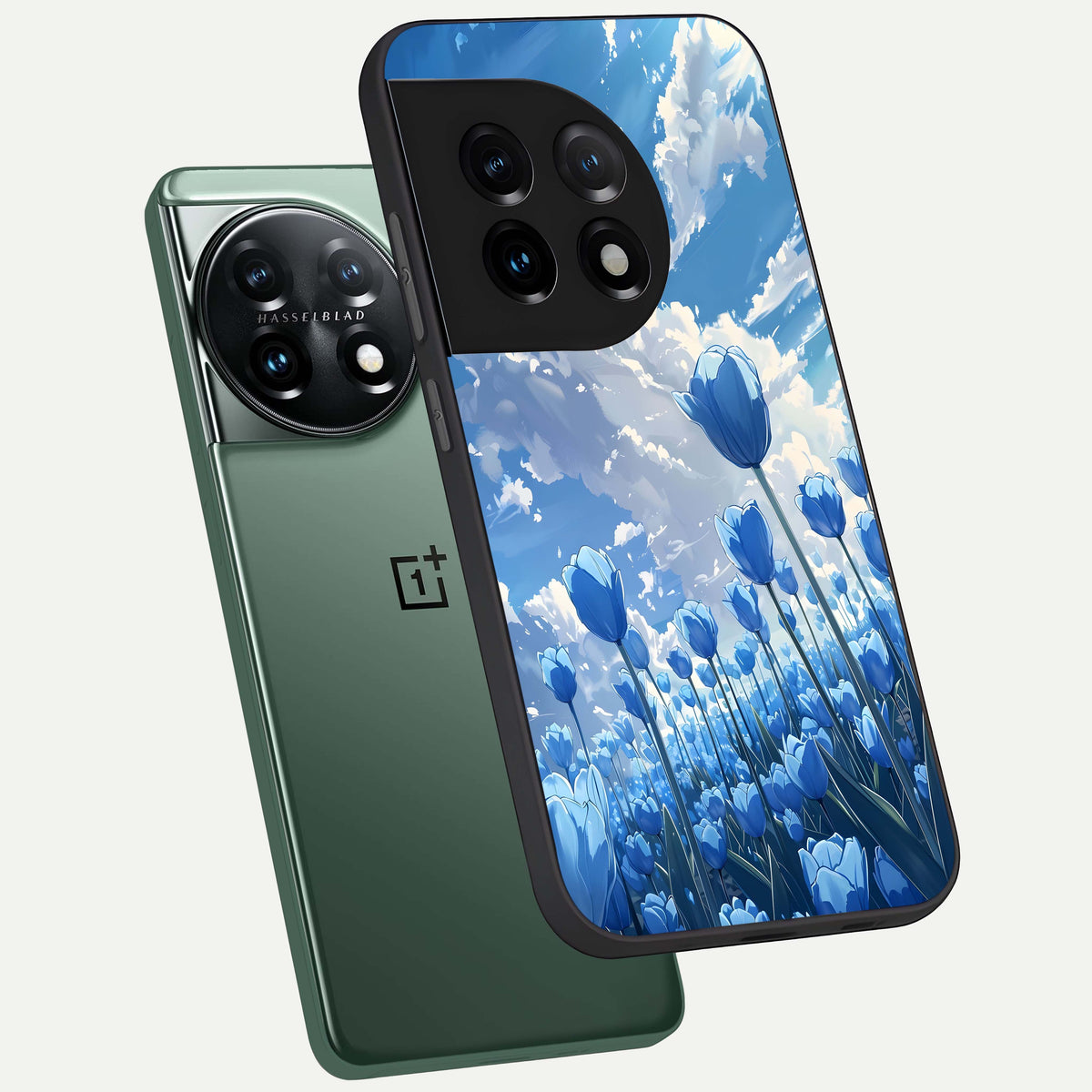  Blue Tulip Clouds phone case For OnePlus 11 showing premium glass back cover with detailed artwork