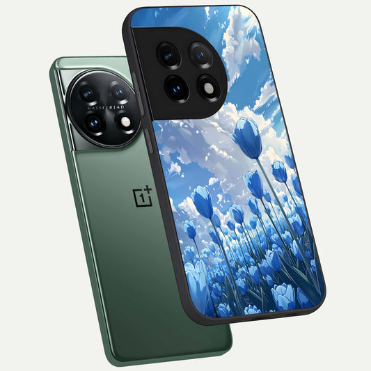  Blue Tulip Clouds phone case For OnePlus 11 showing premium glass back cover with detailed artwork