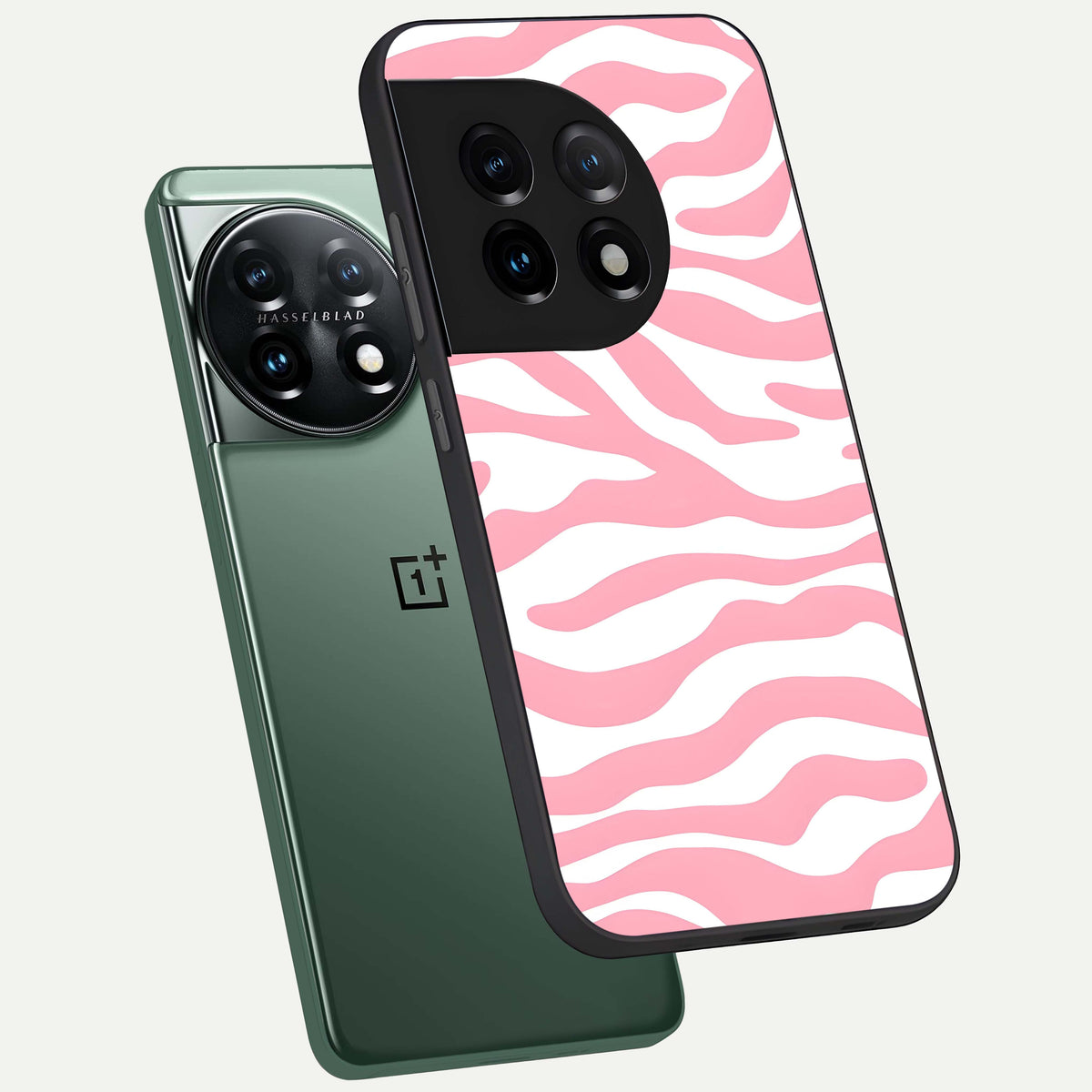  Blush Zebra Flow phone case For OnePlus 11 showing premium glass back cover with detailed artwork