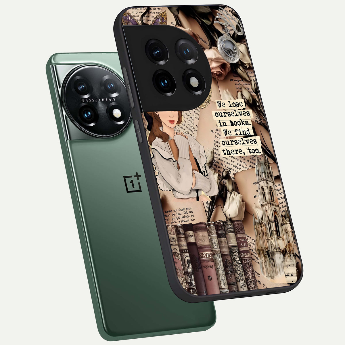  Bookish Dream World phone case For OnePlus 11 showing premium glass back cover with detailed artwork