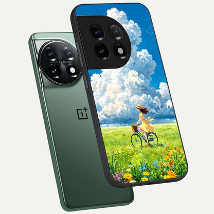  Breezy Meadow Ride phone case For OnePlus 11 showing premium glass back cover with detailed artwork