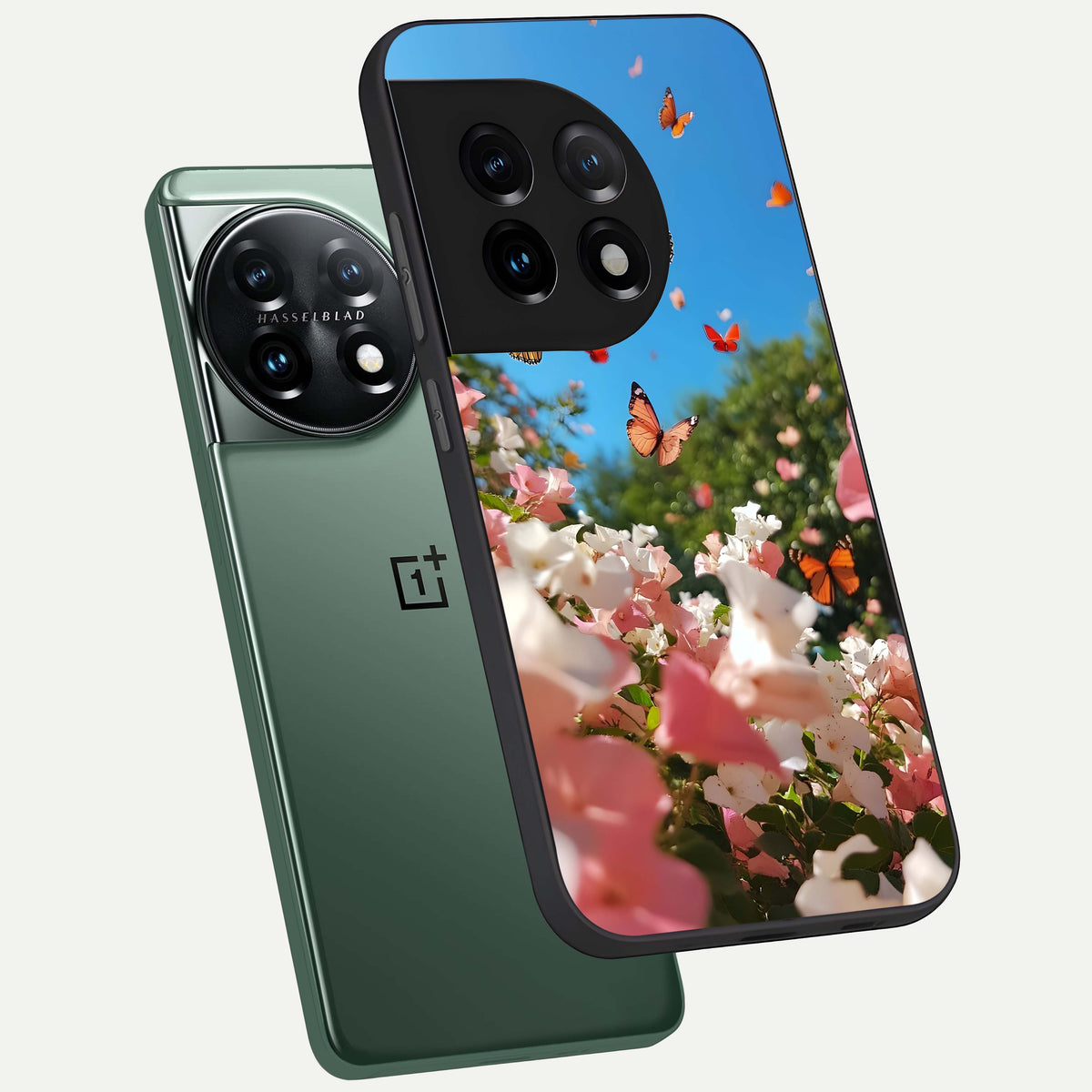  Butterflies In Bloom Sky phone case For OnePlus 11 showing premium glass back cover with detailed artwork