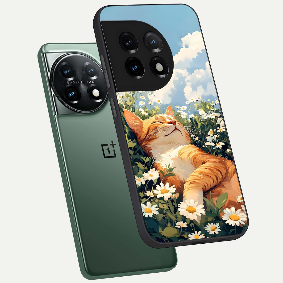  Cat And Flowers View phone case For OnePlus 11 showing premium glass back cover with detailed artwork