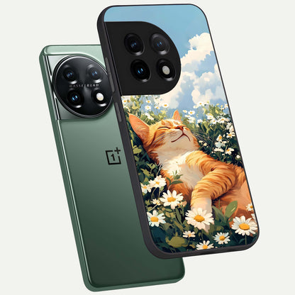  Cat And Flowers View phone case For OnePlus 11 showing premium glass back cover with detailed artwork