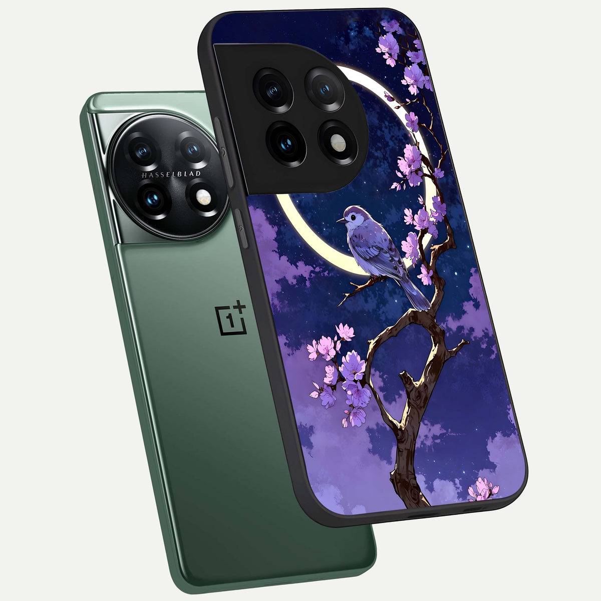  Celestial Bird Blossom phone case For OnePlus 11 showing premium glass back cover with detailed artwork