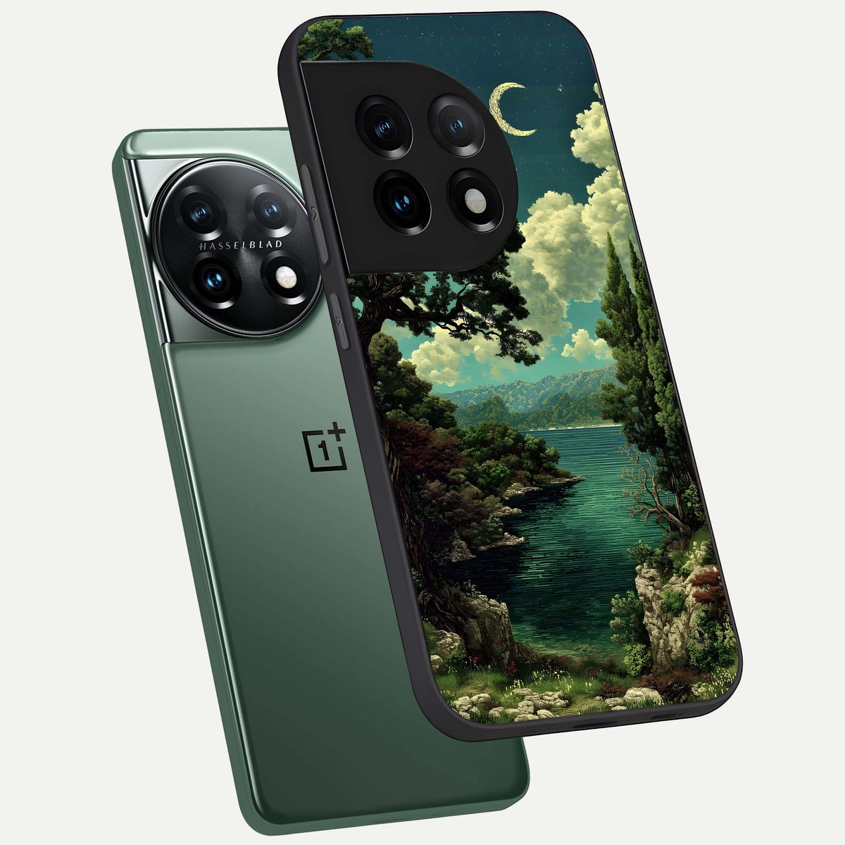  Celestial Lake Peace phone case For OnePlus 11 showing premium glass back cover with detailed artwork