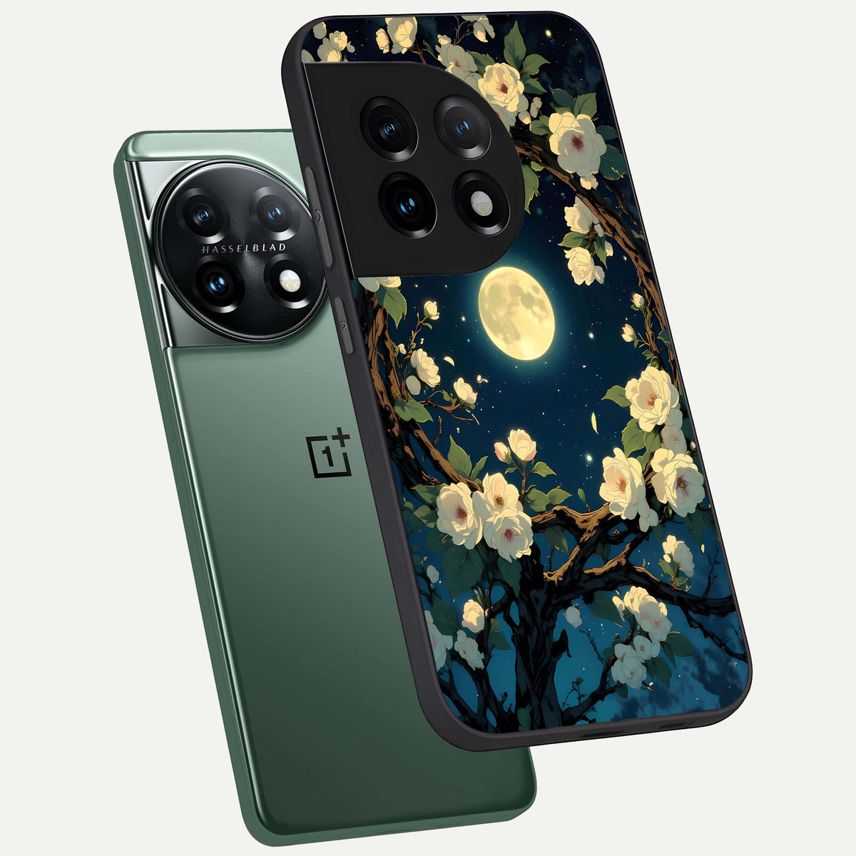  Celestial Moon And Flower phone case For OnePlus 11 showing premium glass back cover with detailed artwork