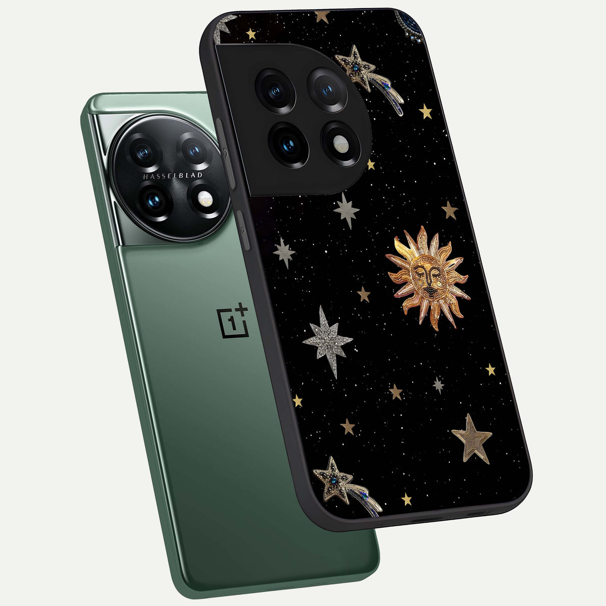  Celestial Moon With Stars phone case For OnePlus 11 showing premium glass back cover with detailed artwork