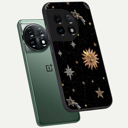  Celestial Moon With Stars phone case For OnePlus 11 showing premium glass back cover with detailed artwork