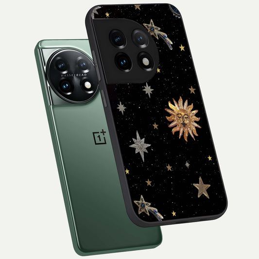  Celestial Moon With Stars phone case For OnePlus 11 showing premium glass back cover with detailed artwork