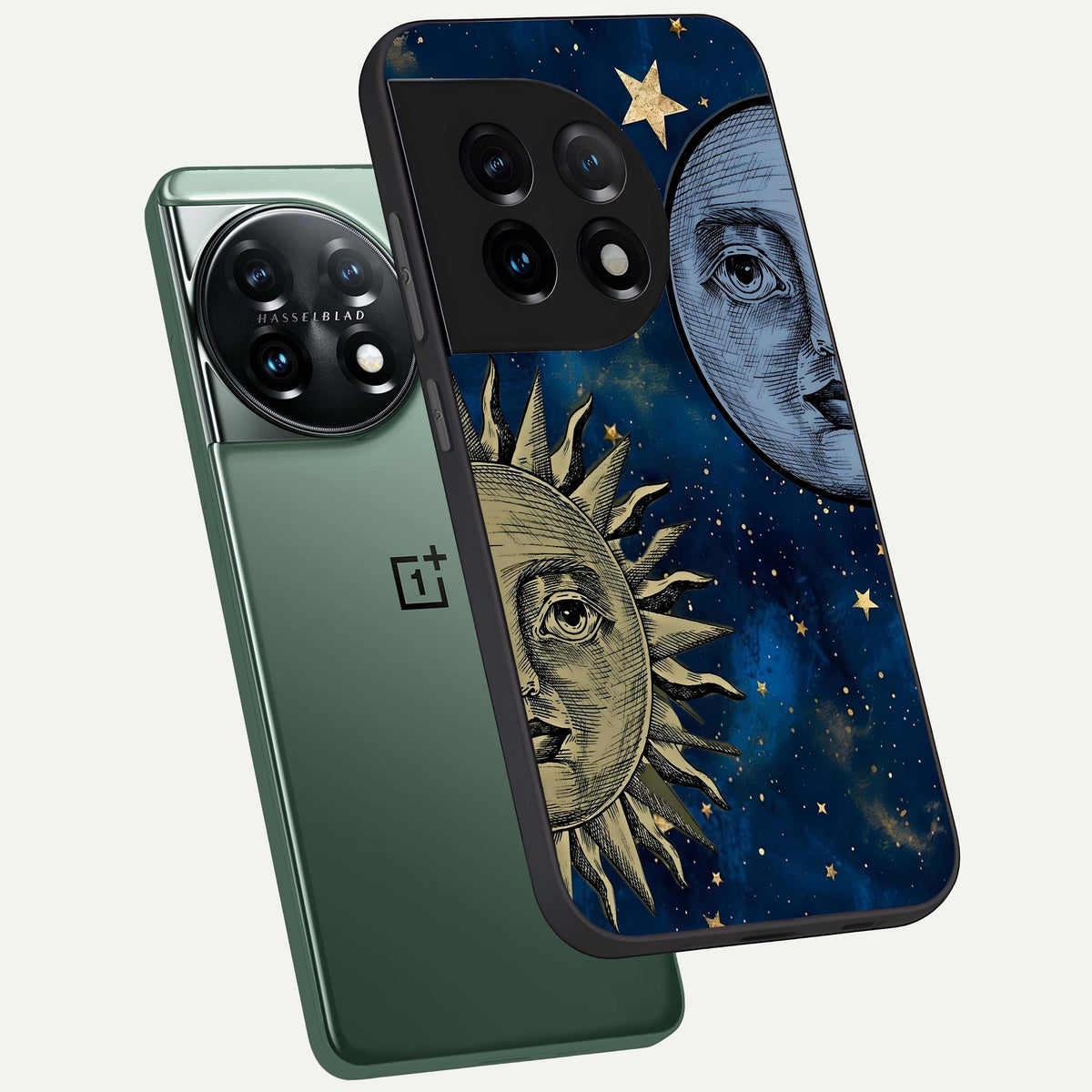  Celestial Moon With Sun phone case For OnePlus 11 showing premium glass back cover with detailed artwork