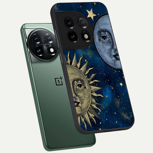  Celestial Moon With Sun phone case For OnePlus 11 showing premium glass back cover with detailed artwork