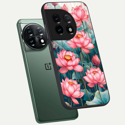  Celestial Pink Lotus phone case For OnePlus 11 showing premium glass back cover with detailed artwork