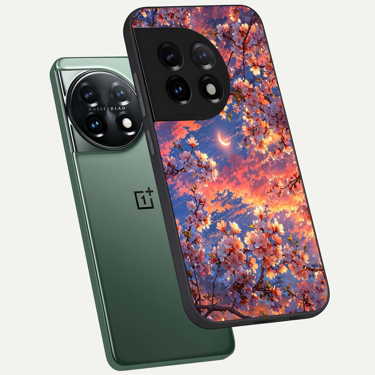  Celestial Sakura Sunset phone case For OnePlus 11 showing premium glass back cover with detailed artwork