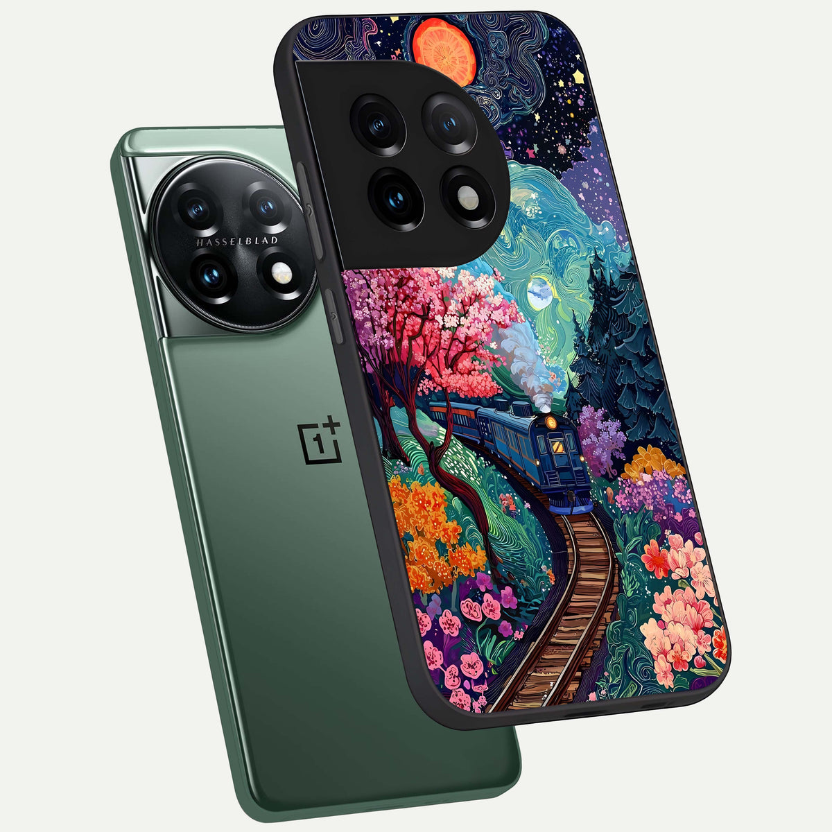  Celestial Train Journey phone case For OnePlus 11 showing premium glass back cover with detailed artwork