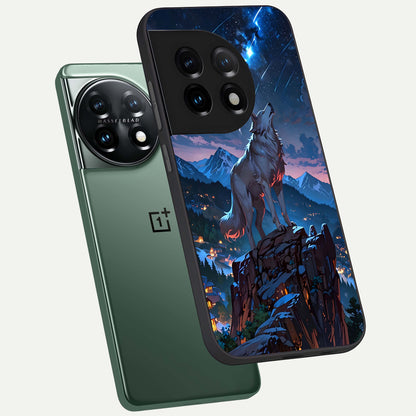  Celestial Wolf Howl phone case For OnePlus 11 showing premium glass back cover with detailed artwork