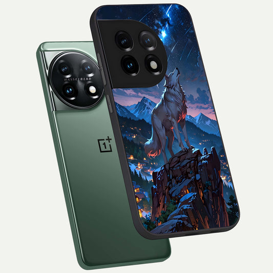  Celestial Wolf Howl phone case For OnePlus 11 showing premium glass back cover with detailed artwork