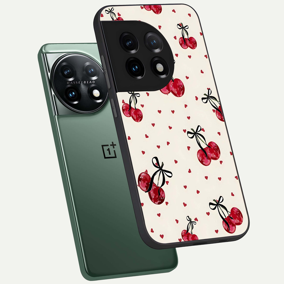  Cherry Heart Bow phone case For OnePlus 11 showing premium glass back cover with detailed artwork