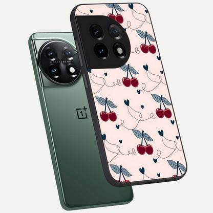  Cherry Heart Line phone case For OnePlus 11 showing premium glass back cover with detailed artwork