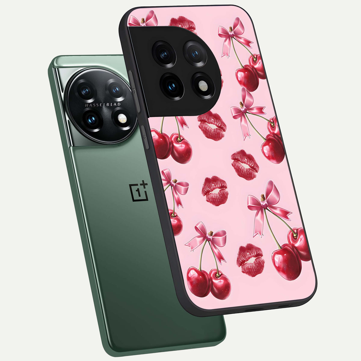  Cherry With Lips phone case For OnePlus 11 showing premium glass back cover with detailed artwork