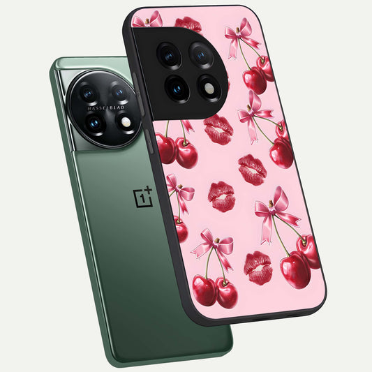  Cherry With Lips phone case For OnePlus 11 showing premium glass back cover with detailed artwork
