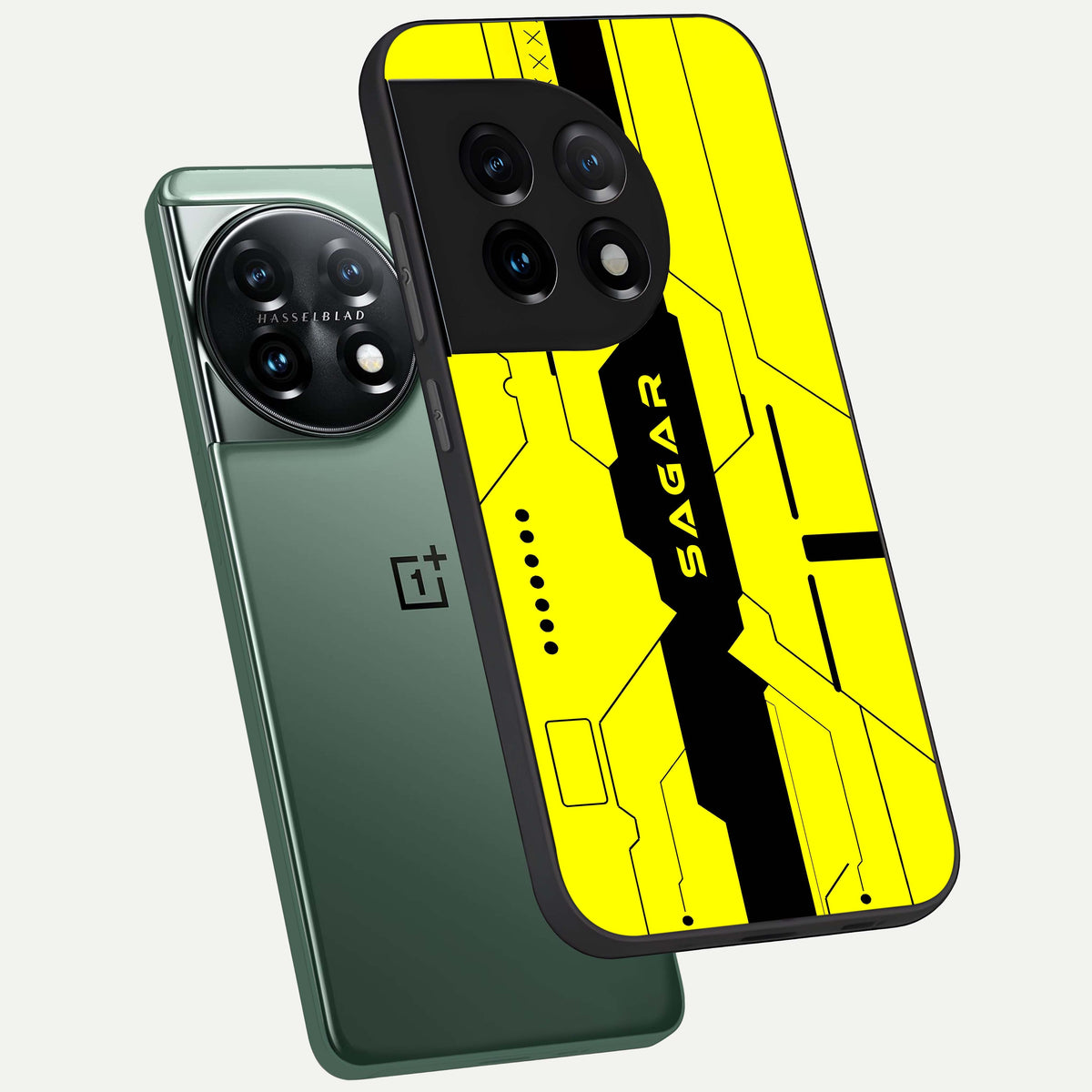  Circuit CYBERPUNK Custom Name phone case For OnePlus 11 showing premium glass back cover with detailed artwork