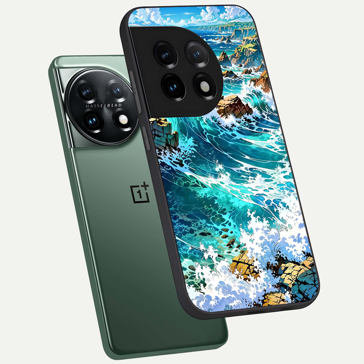 Coastal Blue Waves phone case For OnePlus 11 showing premium glass back cover with detailed artwork