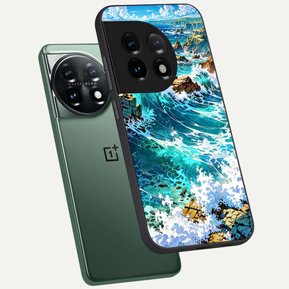  Coastal Blue Waves phone case For OnePlus 11 showing premium glass back cover with detailed artwork