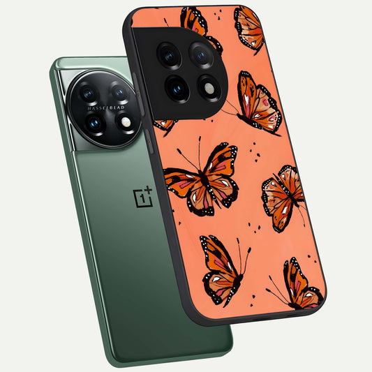  Coral Wing Butterfly phone case For OnePlus 11 showing premium glass back cover with detailed artwork