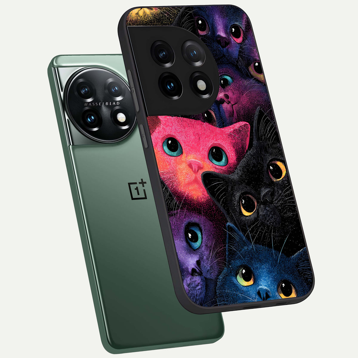  Cosmic Cats Dreams phone case For OnePlus 11 showing premium glass back cover with detailed artwork